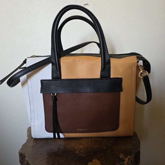 Coach Bleecker Riley 30150 Colorblock Leather Satchel Tote Bag Tan Black White - Picture 10 of 16